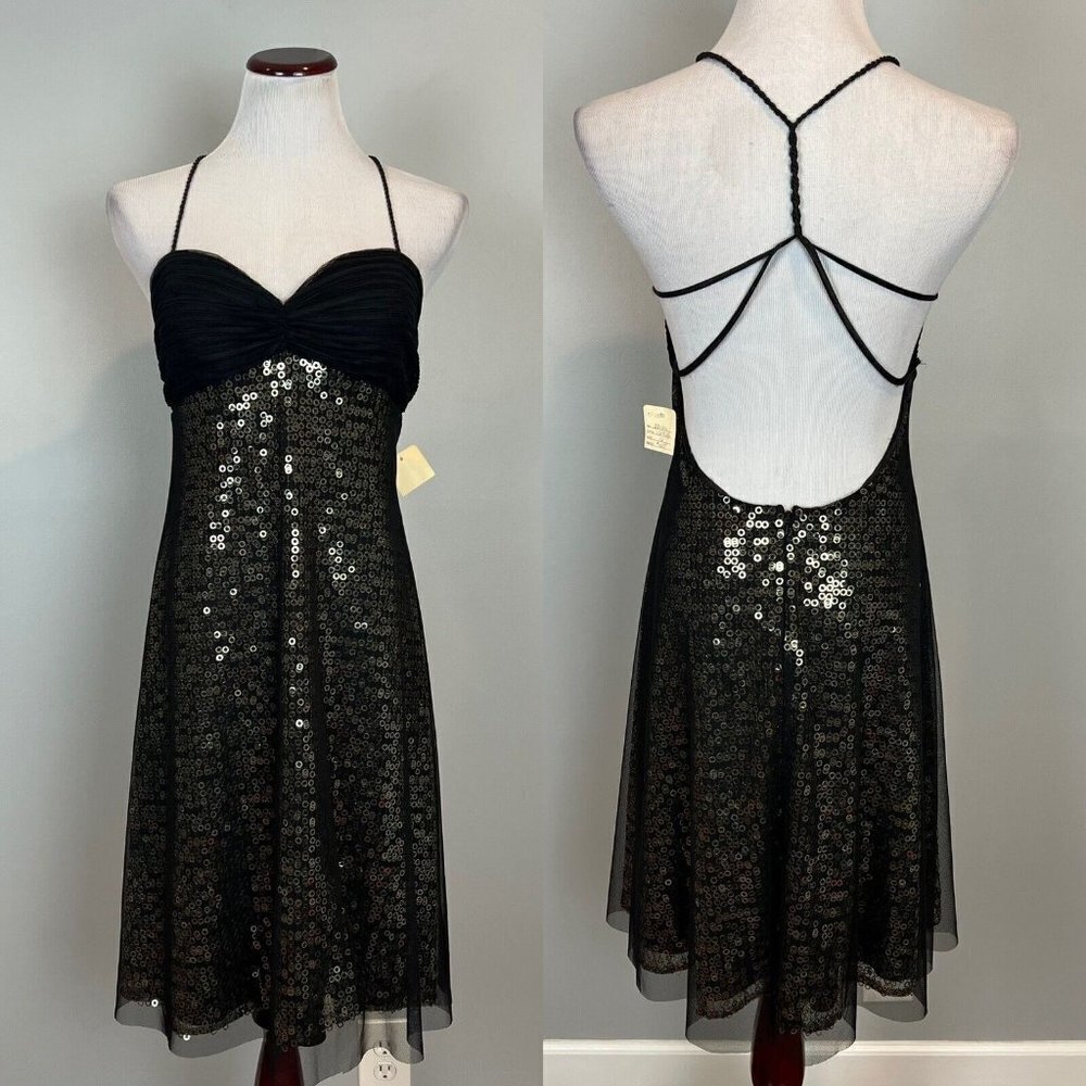 Dave & Johnny Backless Dress Size 11/12 Black Gold Paillettes Semi Formal